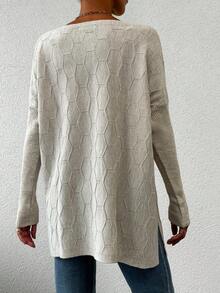 EURMUSE Solid Drop Shoulder Split Hem Sweater - Beige - View 2