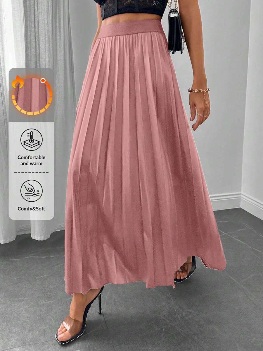 Women's Solid Color Elastic Waist Pleated Long Casual Skirt