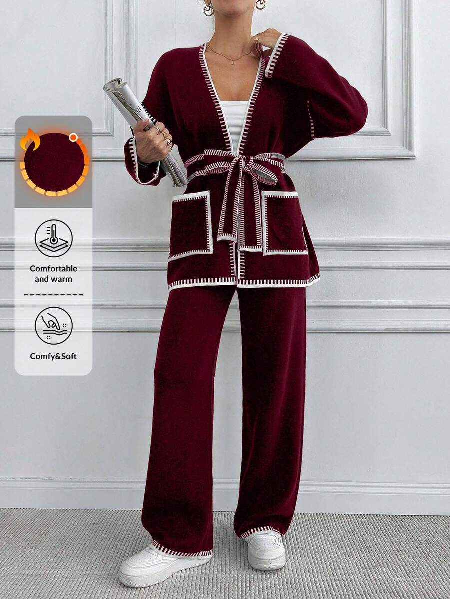 EURMUSE 2件套女士休闲撞色装饰口袋宽松开衫和裤子套装 - 酒紅色 - 查看 1