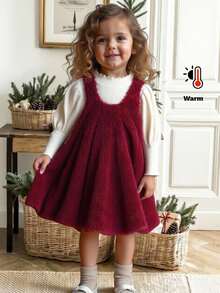 LMoss Kids 2pcs Baby Girl Knitted Solid Color Ruffle Collar T-Shirt And Fluffy Round Neck Sleeveless Dress Set