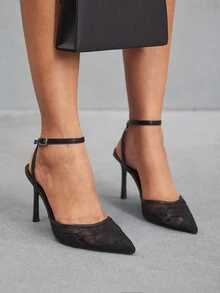 CUCCOO SZL Floral Mesh PU Patchwork Fashionable Sexy Party Elegant Hollow Pointed Toe High Heels