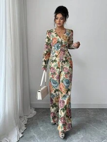 SHEIN Elenzya 女士优雅提花无弹力套装，秋冬 - 杏色 - 查看 4