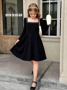 Serisse Kids 青少年女孩优雅圆领铆钉长袖收腰 A 字连衣裙，休闲日常穿着，返校，黑色，适合万圣节、圣诞节、新年 - 黑色 - 查看 4