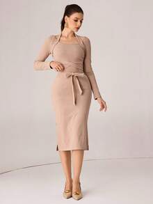 Modelyn Autumn/Winter Crossover Tie Neck Knit Fitted Midi Dress, Khaki Color, Elegant & Fashionable