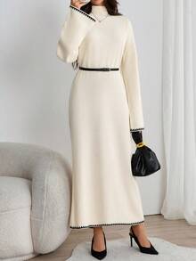 EURMUSE Elegant Cream Ribbed Knit Maxi Dress With Mock Neck And Subtle Black Contrast Wave Hem – Minimal Winter Statement Piece Elegant Cream Rib Knit Maxi Sweater Dress With Contrast Trim And Belted Waist For Minimal Chic Fall Looks - Beige - View 1