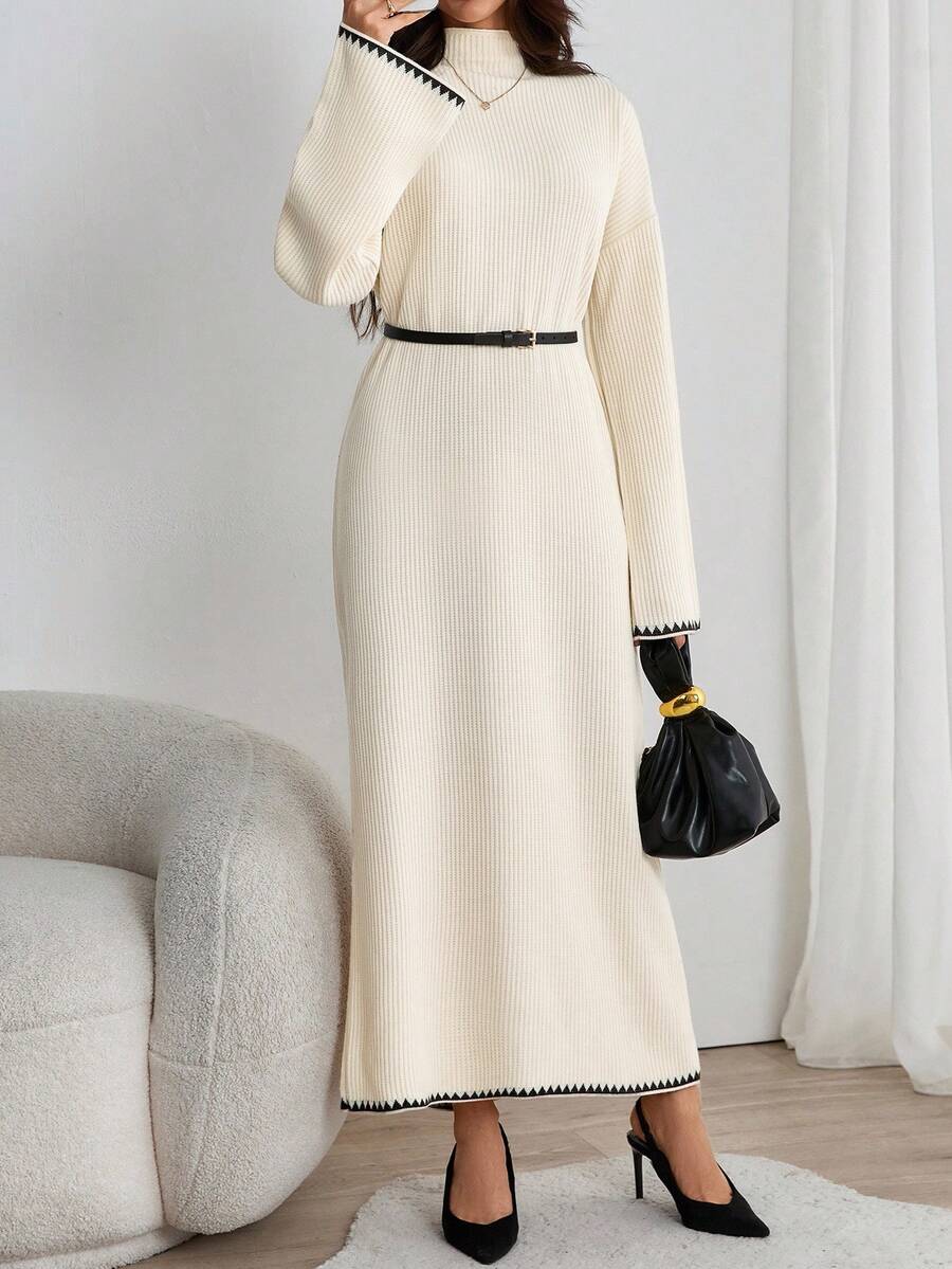 EURMUSE Elegant Cream Ribbed Knit Maxi Dress With Mock Neck And Subtle Black Contrast Wave Hem – Minimal Winter Statement Piece Elegant Cream Rib Knit Maxi Sweater Dress With Contrast Trim And Belted Waist For Minimal Chic Fall Looks - Beige - View 1