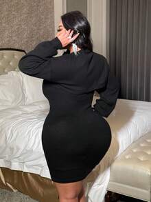 NU&NOW Plus Size Women Solid Color Cropped Lantern Sleeve Sweater And Drawstring Tube Top Knit Dress Set, Fashion