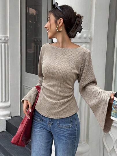 Elenzga Standard Size Women's Wide Collar Drop Shoulder Flare Sleeve Waist Ruched Floral Knit Top, Autumn/Winter