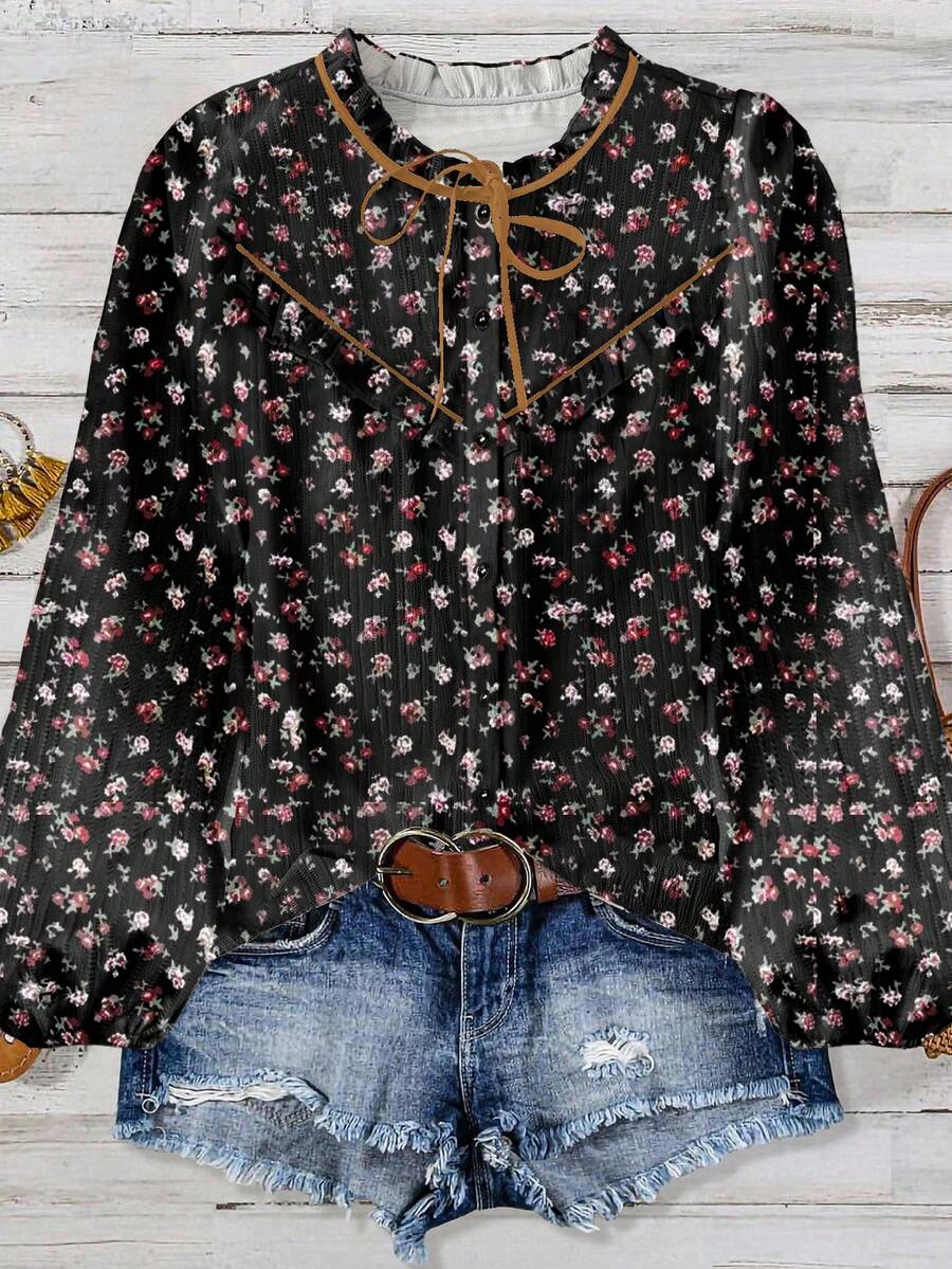 SHEIN LUNE CURVE Camisa elegante de gran tamaño para vacaciones de verano - Negro - Ver 1