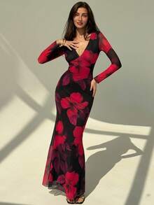 Aloruh Romantic Floral Print V-Neck Bodycon Dress - Multicolor - View 6