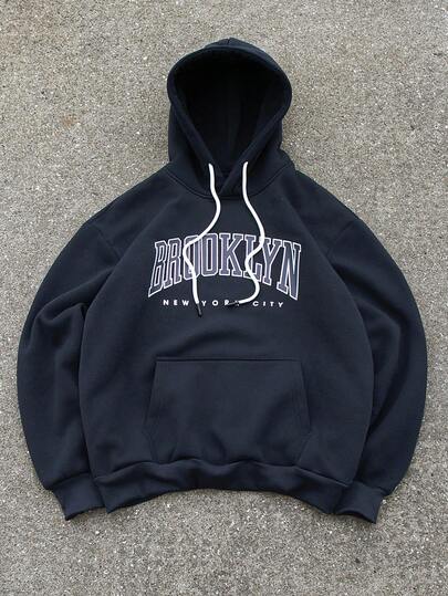 Aesthetic Post 男士超大款字母图案抽绳海军蓝连帽衫，长袖上衣