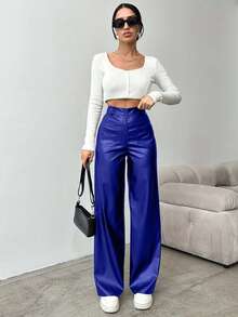 EURMUSE Women's Solid Color High Waist Straight Leg Pants, Suitable For Commuting - Royal Blue - View 5