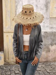 Brillora 女式纯色流苏边开衫夹克秋冬女装 - 灰色 - 查看 6