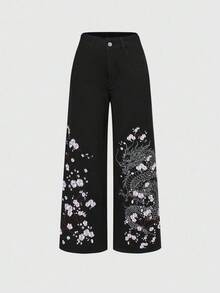 ROMWE Avant Vintage Fashion Dragon & Plum Blossom Embroidery Loose Fit Straight Leg Relaxed Jeans