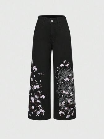 ROMWE Avant Jeans droits décontractés à coupe ample avec broderie vintage de dragon et de fleurs de prunier