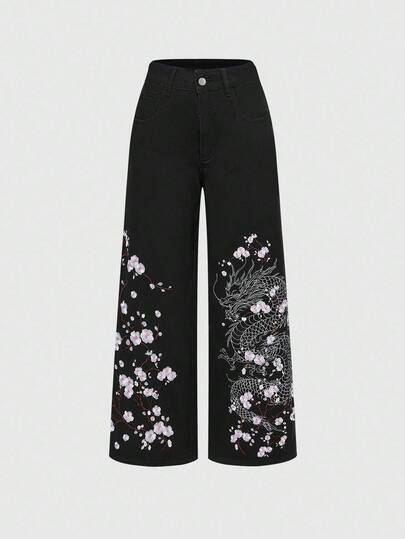 ROMWE Avant Vintage Fashion Dragon & Plum Blossom Embroidery Loose Fit Straight Leg Relaxed Jeans