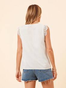 Coeurva Contrast Guipure Lace Scallop Trim Blouse - White - View 2