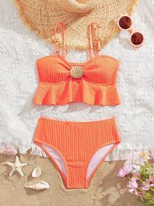 SHEIN 2 Stücke/Set süßer einfarbiger Mädchen Badeanzug, geeignet für Strand, Urlaub