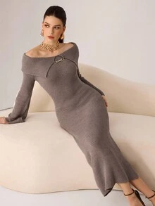 Modelyn 女式露肩金属环毛衣裙 - 摩卡棕 - 查看 3