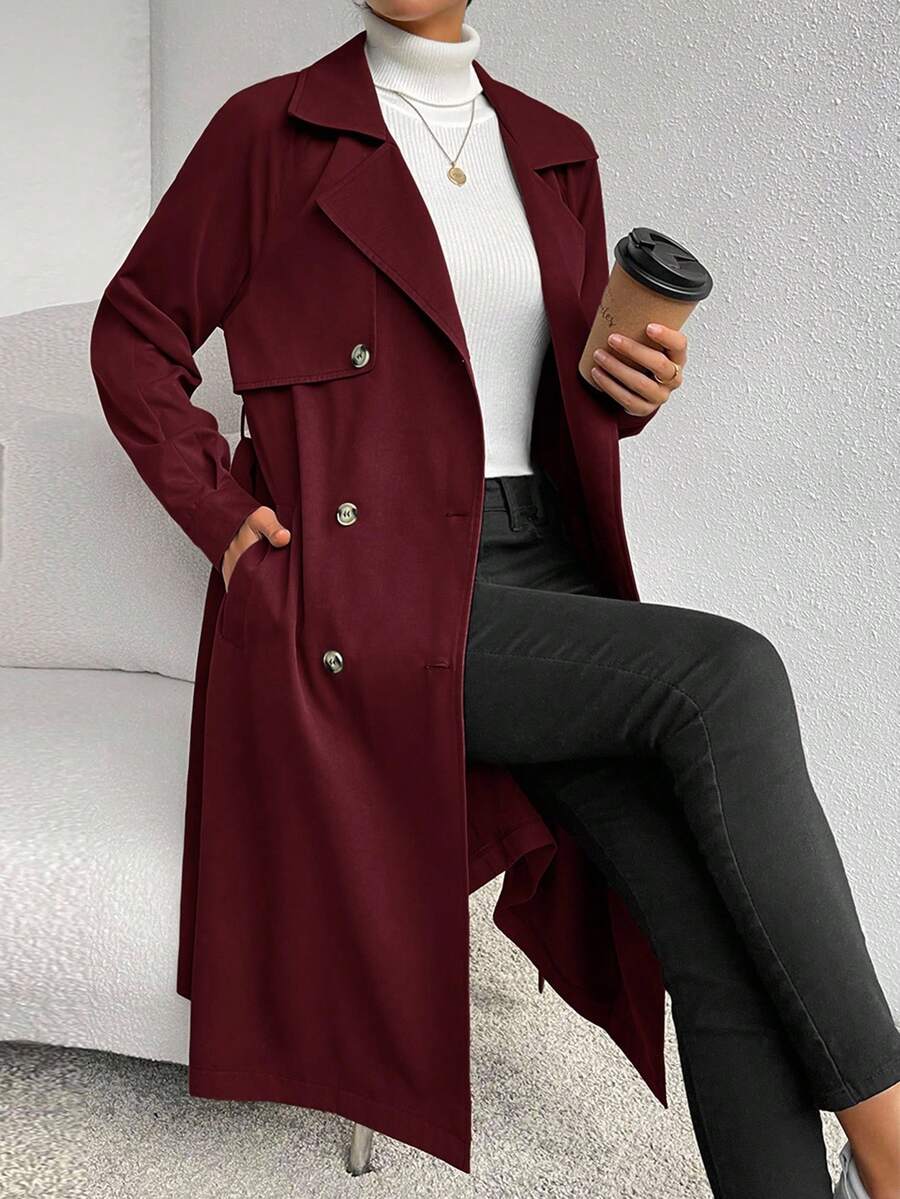 SHEIN Essnce 纯色口袋双排扣系带优雅长袖风衣 - 酒紅色 - 查看 1
