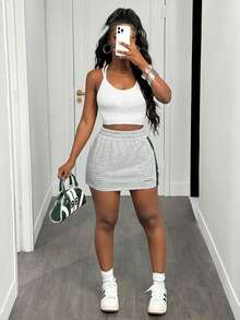 Slaydiva Elastic Waist Striped Print Skort Shorts, Summer Sports Athletic Skirt - Army Green - View 6