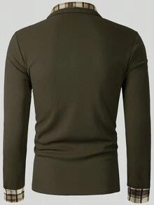 Manfinity Homme 男士格子拼接长袖休闲通勤 Polo 衫，黑色和卡其色长袖 Polo 衫，适合日常休闲、周末旅行、户外活动、探险旅行、轻松的工作环境或半正式场合，可作为男友/丈夫礼物、周年纪念礼物，秋季必备。 - 軍綠色 - 查看 2