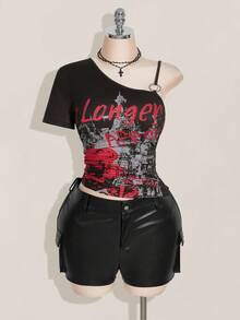 SHEIN ICON Plus Size Women Y2k Going Out Dragon Print Asymmetrical Neckline Short Sleeve Fashionable T-Shirt,Everyday Wear - Multicolor - View 3