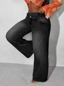 Slaydiva Plus Size Casual Washed Thermal Lined Wide Leg Jeans - Black - View 6