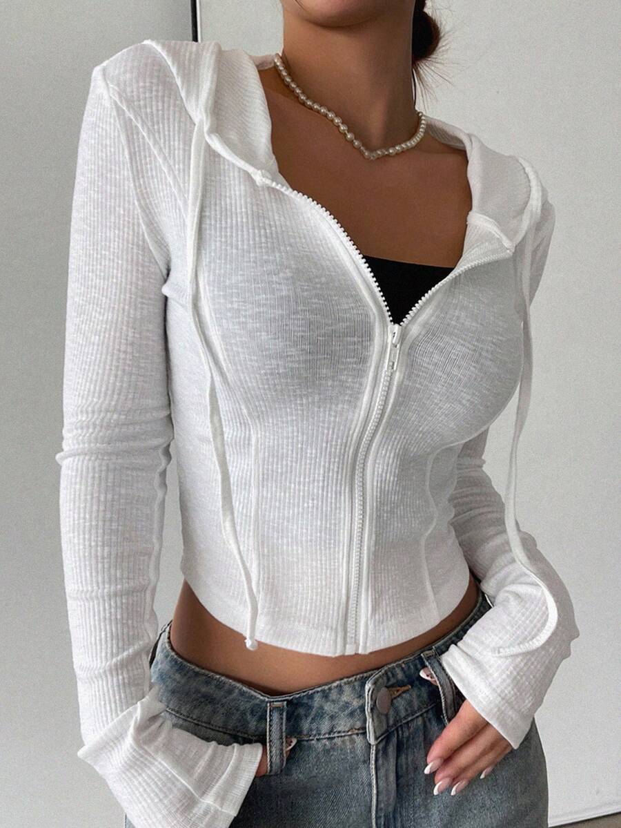 DAZY Women's Solid Color Front Zipper Drawstring Minimalist Hooded See-Through Casual Top Y2k Women Jacket,Fall Women Clothes - White - View 1