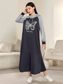 Modelyn 女式休闲拼色花卉蝴蝶印花连帽长款运动衫，秋冬 - 彩色 - 查看 6