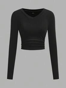 Tseoso 3 件装百搭黑、白、灰色 V 领褶皱腰长袖修身休闲 T 恤女上衣，95% 纯棉 - 彩色 - 查看 7