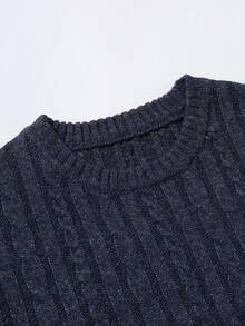 Claim Dot Jersey de punto de cable con ribete de rayas de contraste estilo universitario casual para hombre, otoño/invierno - Azul Marino - Ver 4