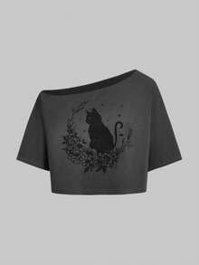 ROMWE Fairycore Plus Size Women Summer Cat & Flower Printed Asymmetrical Collared Short Sleeve Casual T-Shirt