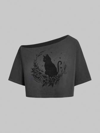 Fairycore تي شيرت صيفي للنساء بحجم كبير بطبعة القطط والزهور وياقة غير متناظرة وأكمام قصيرة للإرتداء العارض