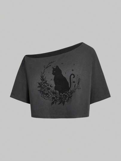 Fairycore Plus Size Women Summer Cat & Flower Printed Asymmetrical Collared Short Sleeve Casual T-Shirt