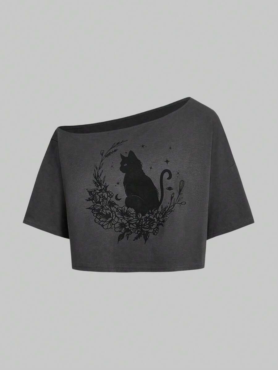 ROMWE Fairycore Plus Size Women Summer Cat & Flower Printed Asymmetrical Collared Short Sleeve Casual T-Shirt
