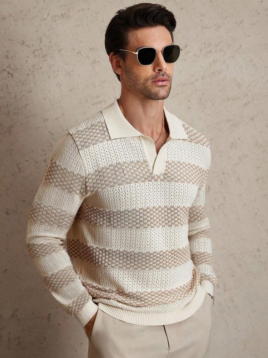 Manfinity Homme 男士条纹长袖休闲 Polo 领毛衣，秋季 - 彩色 - 查看 1