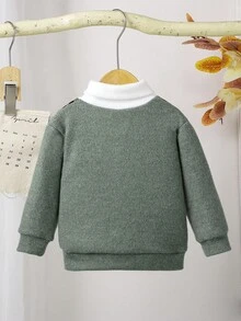 SHEIN Maglione a V da bambino 2 in 1 lavorato a maglia, pullover lavorato a maglia con collo alto per autunno/inverno - Verde - Visualizzare 2