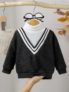 SHEIN 男婴V领二合一针织毛衣，高领针织套头衫，适合秋冬季 - 黑色 - 查看 3