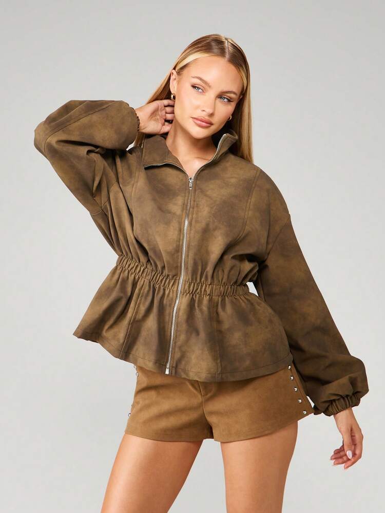 MISSGUIDED Suede Utility Jacket With Elastic Waist And Zip Front