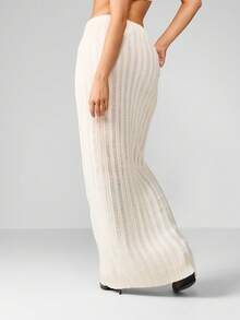 MISSGUIDED Ribbed Knit Maxi Skirt Elegant Floor Length High Waist Column Silhouette Winter Fall Fashion Statement Long Skirt Sophisticated Knitwear - Apricot - View 2
