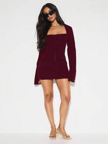 KIZN Long Sleeve Square Neck Button Front Corset Top Fitted Tailored Autumn Winter Holiday Party Special Occasion Evening Elegant Formal Wear - Burgundy - View 4