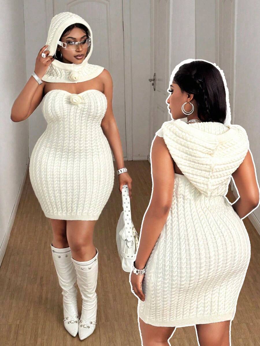 Maweii Plus Size Women's Sweater Set Corset Dress + Hat, Solid Color, Sexy And Slimming Corset Flower Dress, Knitted Flower Hat, Design Sense, Transformed Into A Hot Girl Design, Autumn And Winter, Women's Clothing, Elegant And Sexy, Party,Wrap Knit - Beige - View 1