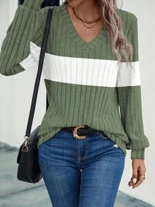 SHEIN LUNE 女式休闲宽松V领长袖运动衫，秋季 - 軍綠色 - 查看 4