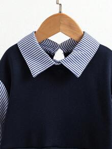 Sparklyn Young Girl Striped Patchwork Sweatshirt And Flare Pants Set - Navy Blue - View 6