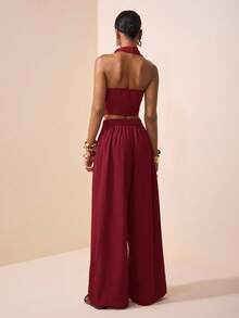 Zivah 2025 春夏新款音乐节、复活节、圣帕特里克节、西部风、游牧风、生日派对、毕业典礼、学院风、学生风、休闲风、日常穿着、百搭风、休闲风、邮轮旅行、海滩风、日光浴风、网络热卖风、街头风、婚礼宾客波西米亚风、通勤风、早午餐风、机场装 - 棕色纹理面料不对称结饰设计尖头上衣、喇叭领上衣和阔腿裤套装 - 酒紅色 - 查看 2