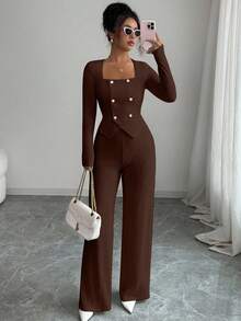 Elenzga Women Dark Brown 2 Pieces Set,Elegant Double-Breasted Fitted Blazer & High Waist Straight Leg Pants,Fall Winter Birthday Party Commuter Style Outfits - Brown - View 4