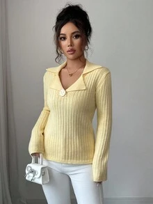 Elenzga Damen Herbst/Winter Neu V-Ausschnitt Polokragen Metall Knopf Modisch Figurbetont Eleganter Damenstil Regulärer Strick Langarm Pullover - Gelb - Übersicht 4