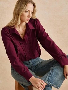 Écloséra 法式复古优雅酒红色修身派对上衣秋季女士长袖衬衫服装秋季秋冬教师女士搭配长袖衬衣 - 酒紅色 - 查看 7