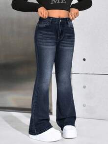 SHEIN 少女Y2K时尚休闲喇叭裤，星形图案，镶钻装饰，适合秋季返校季穿着。 - 深色水洗藍 - 查看 2